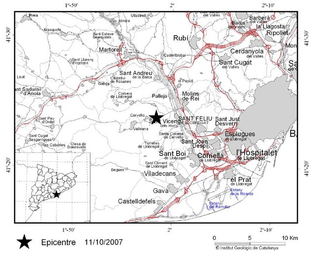Ubicación del epicentro del terremoto del 11 de octubre de 2007 (Institut Geològic de Catalunya)